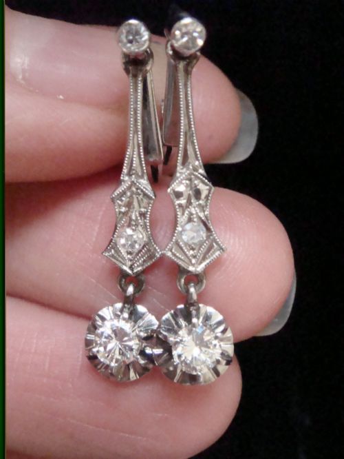 French Vintage 18ct White Gold Old Cut 0.50ct Diamond Drop  Earrings