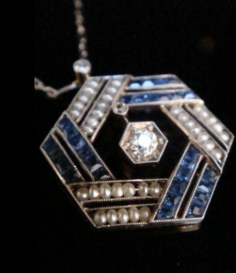 Edwardian 18ct Platinum Sapphire Diamond Natural Pearl Trombone Necklace