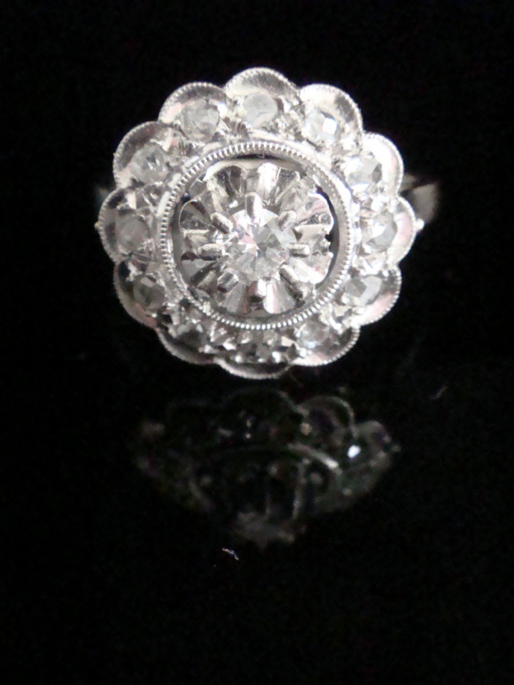 Art deco French Platinum white gold old cut diamond target cluster ring