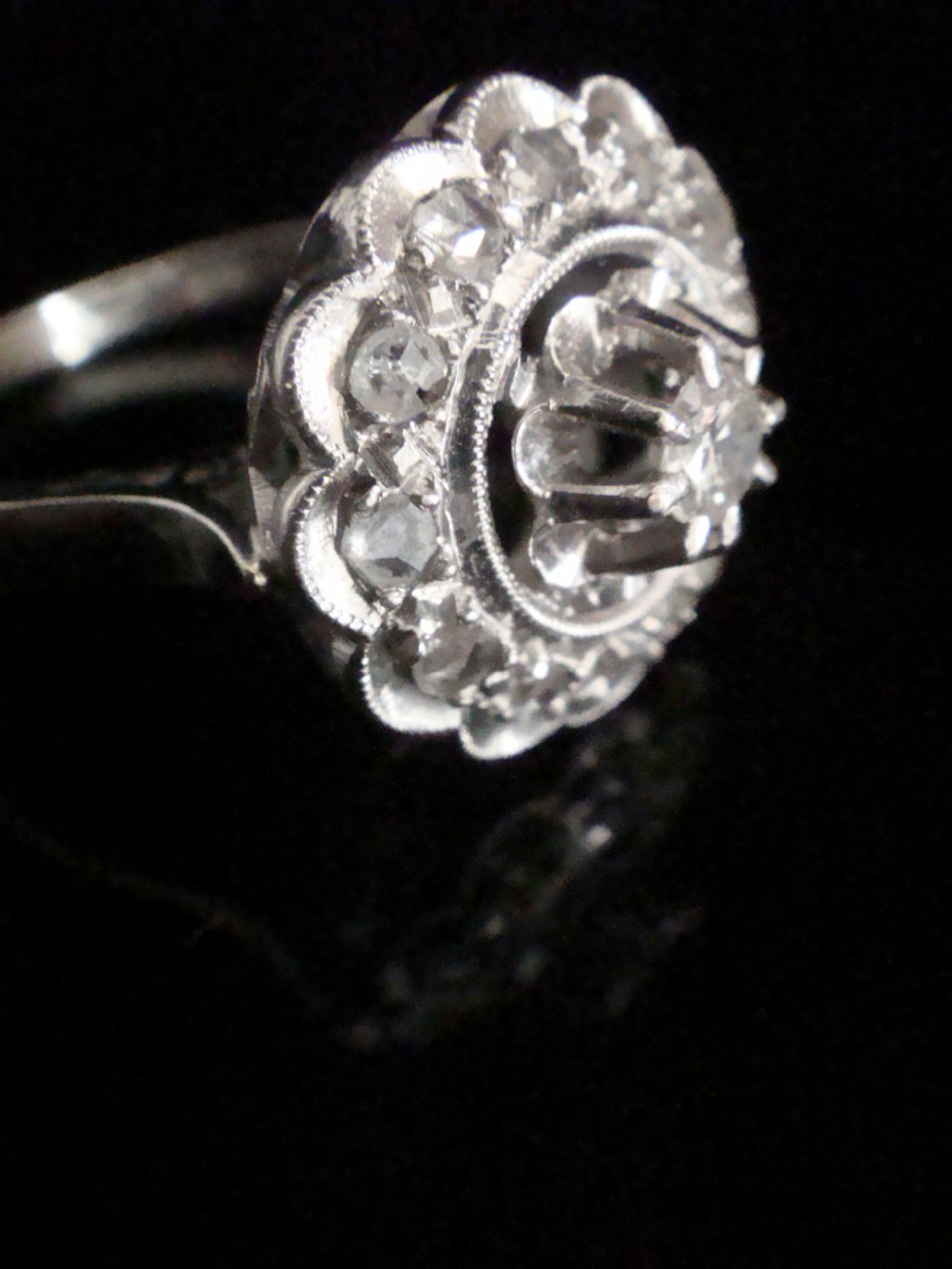 Art deco French Platinum white gold old cut diamond target cluster ring View II