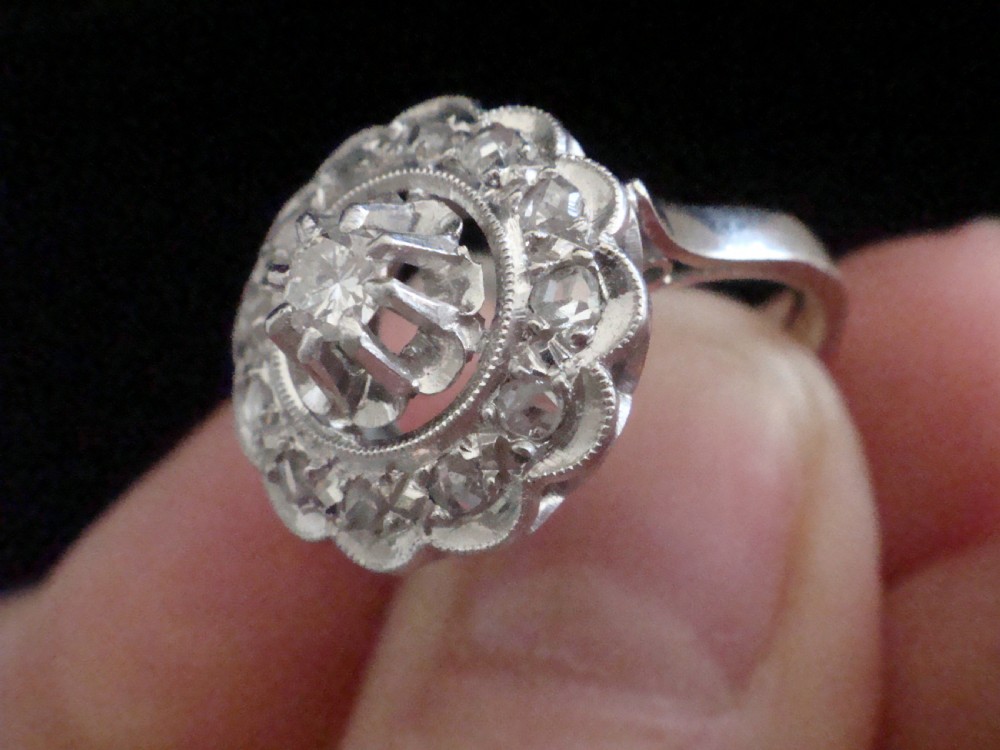 Art deco French Platinum white gold old cut diamond target cluster ring View III