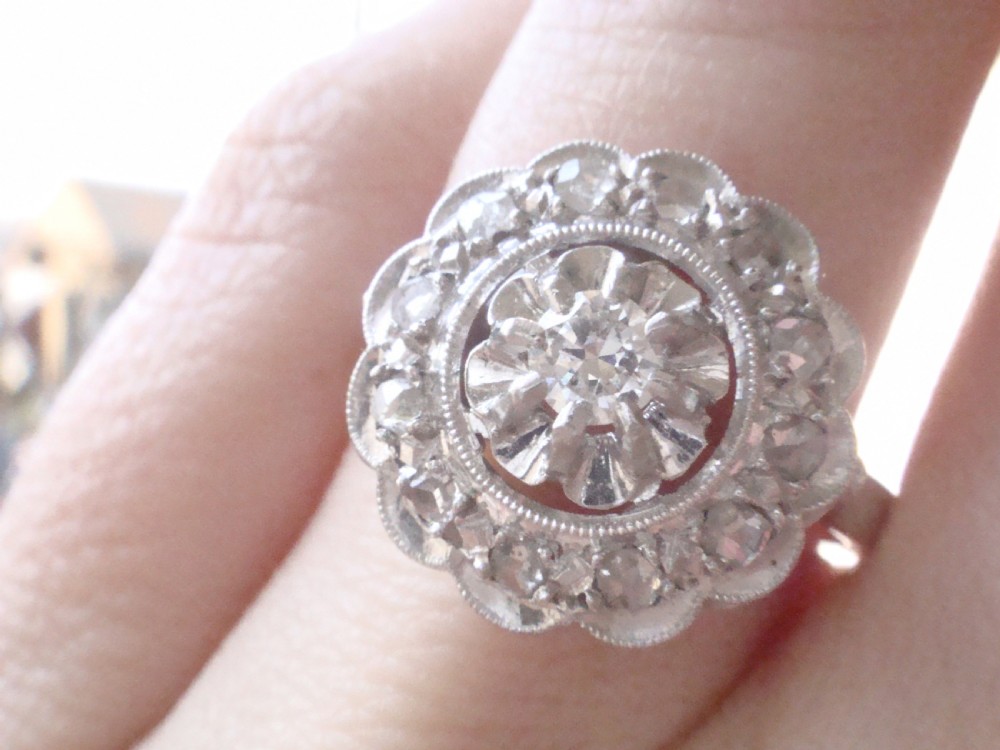 Art deco French Platinum white gold old cut diamond target cluster ring View V