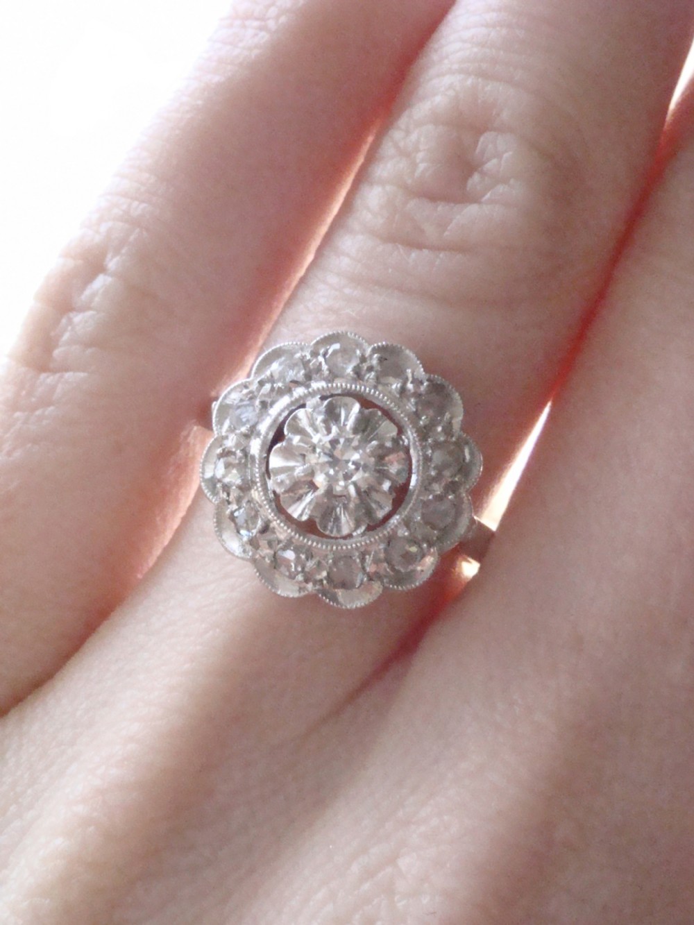 Art deco French Platinum white gold old cut diamond target cluster ring View VI