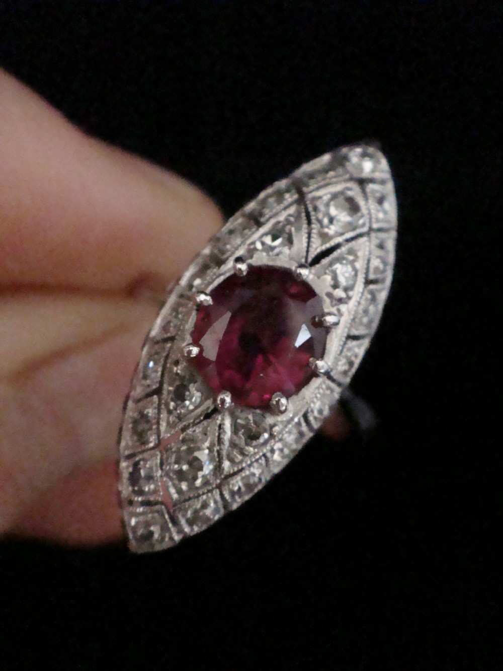 Stunning Art Deco 18ct ruby and diamond marquis ring