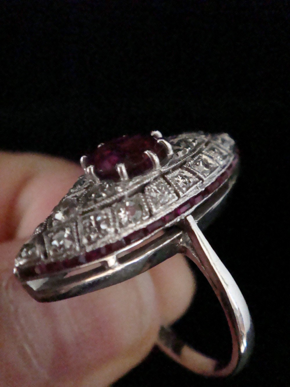 Stunning Art Deco 18ct ruby and diamond marquis ring View II