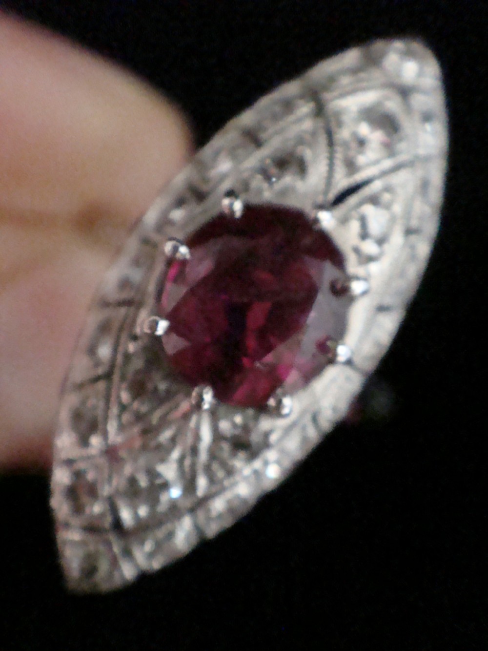Stunning Art Deco 18ct ruby and diamond marquis ring View III