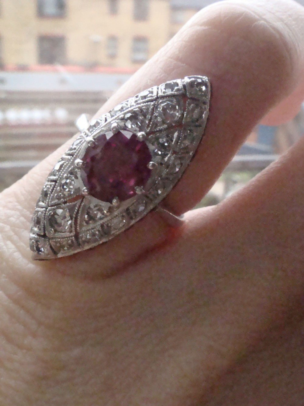 Stunning Art Deco 18ct ruby and diamond marquis ring View V