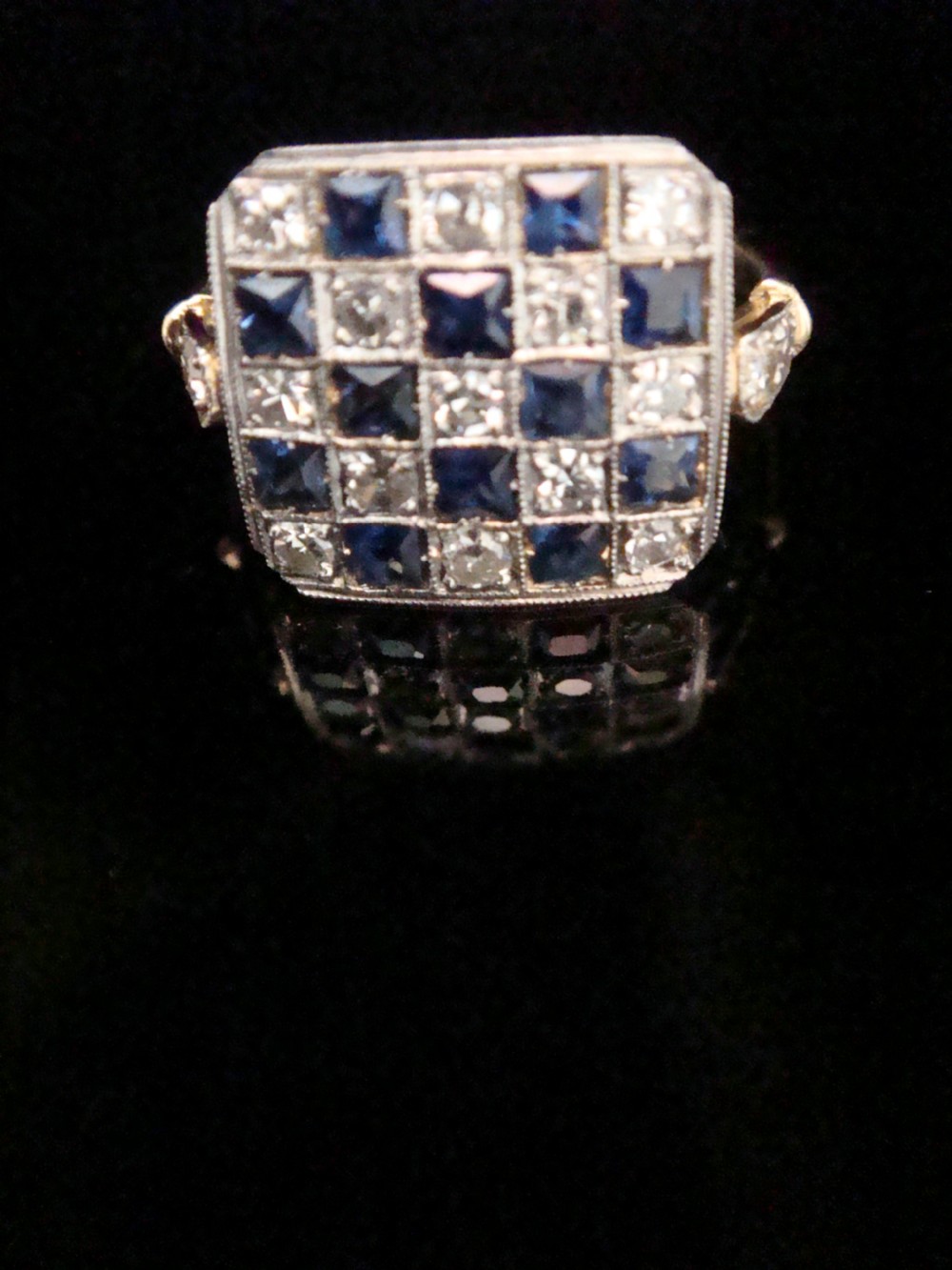 Edwardian 18ct yellow gold Platinum natural sapphire and diamond pave set ring
