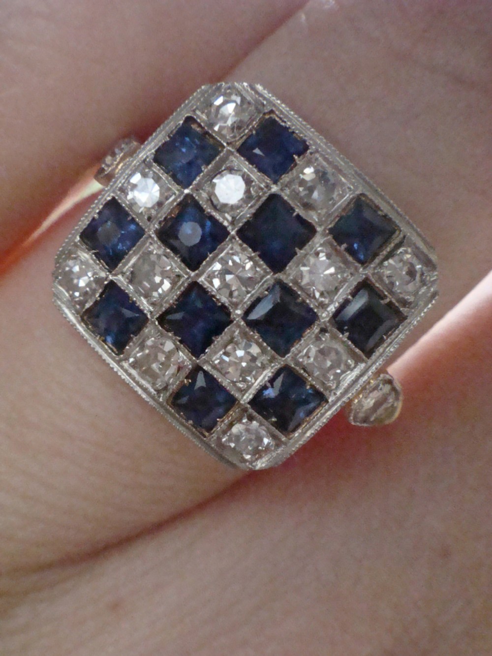 Edwardian 18ct yellow gold Platinum natural sapphire and diamond pave set ring View III