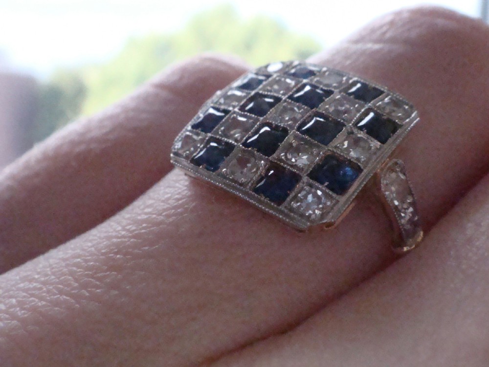 Edwardian 18ct yellow gold Platinum natural sapphire and diamond pave set ring View IV