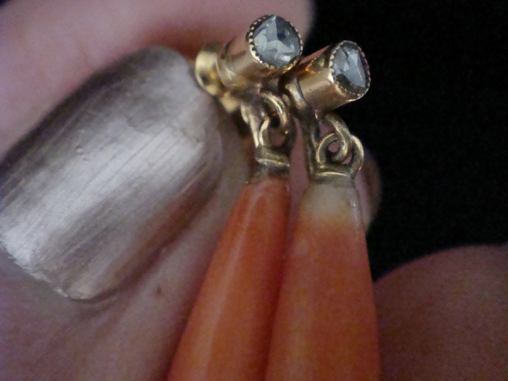 Edwardian 9ct yellow gold natural coral and rose cut diamond drop earrings View III