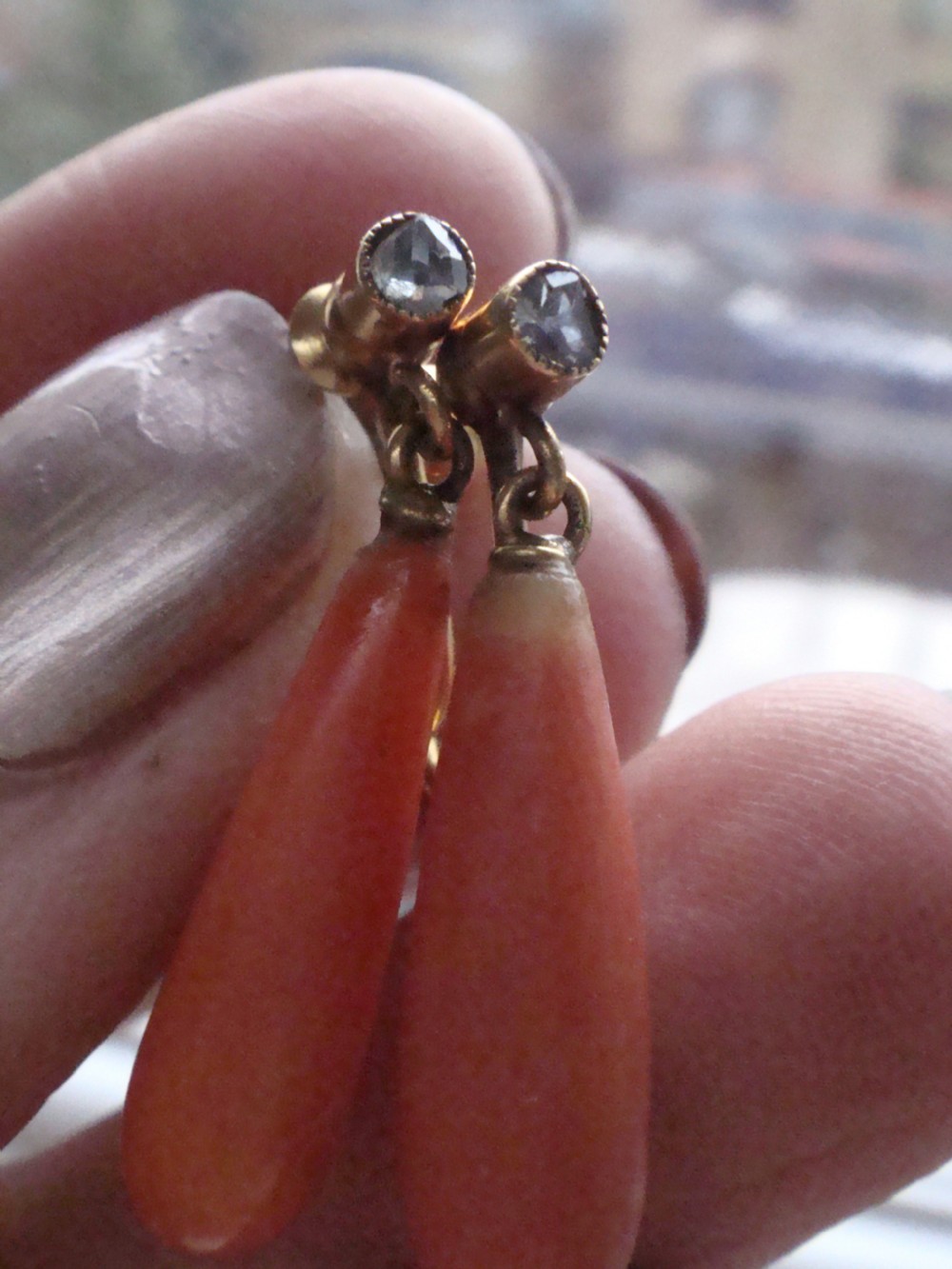 Edwardian 9ct yellow gold natural coral and rose cut diamond drop earrings
