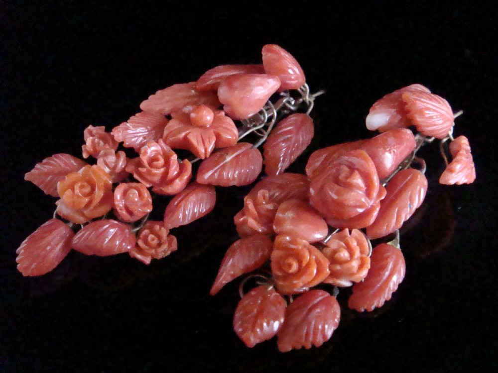 Vintage 9ct yellow gold carved coral drop earrings