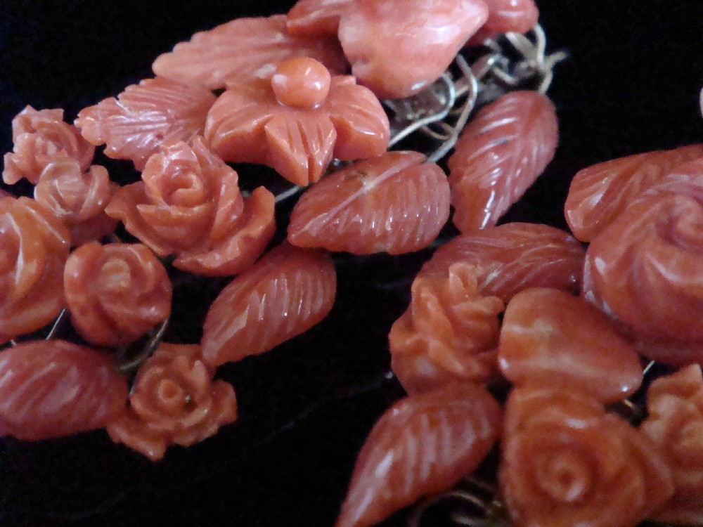 Vintage 9ct yellow gold carved coral drop earrings View II