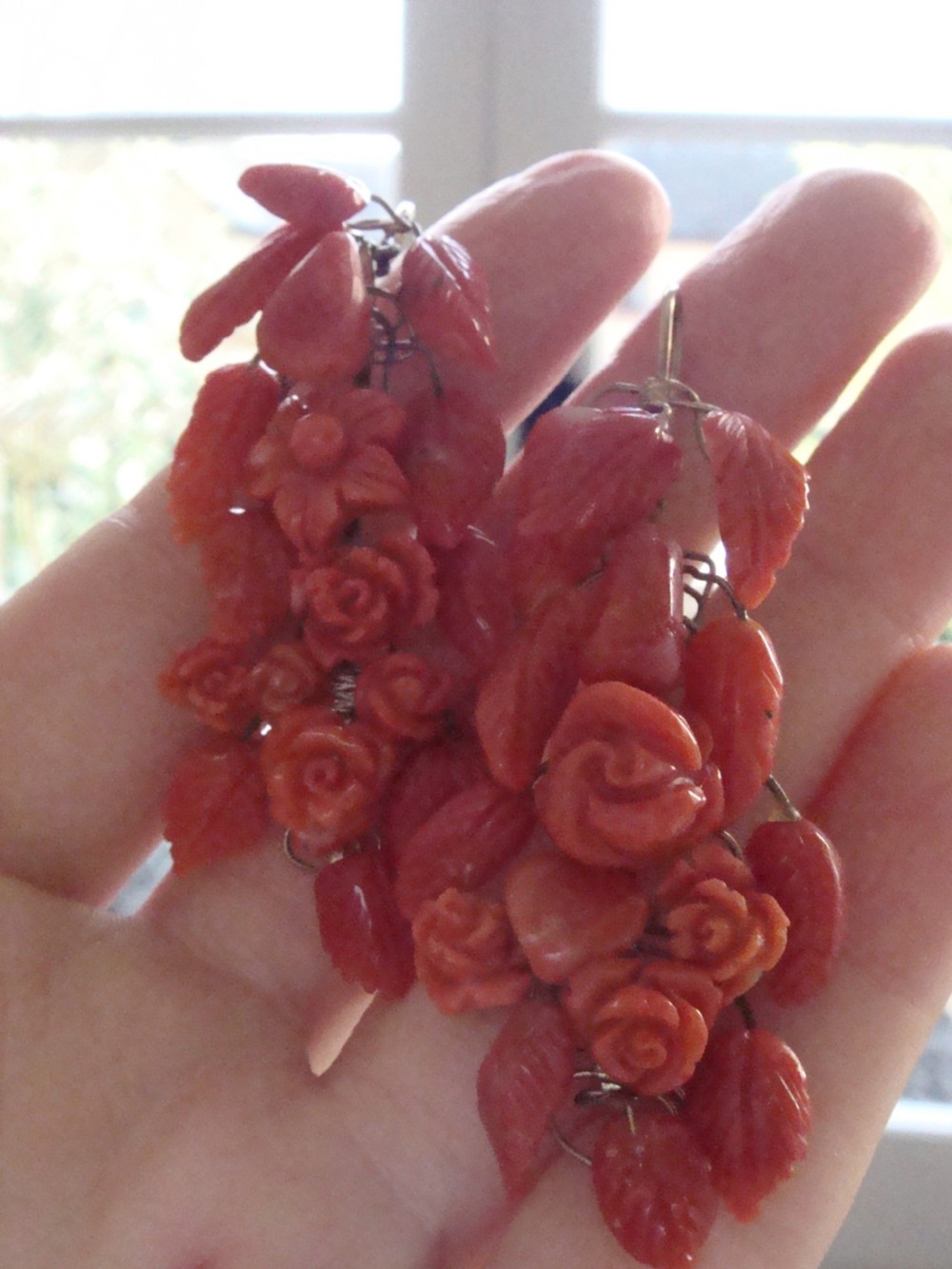 Vintage 9ct yellow gold carved coral drop earrings View III