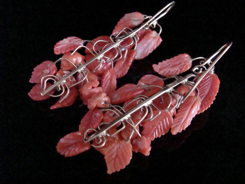 Vintage 9ct yellow gold carved coral drop earrings View V