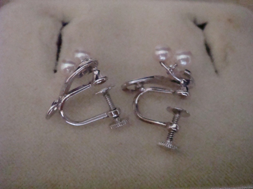 Retro silver original mikimoto cultured pearl earrings with box View V