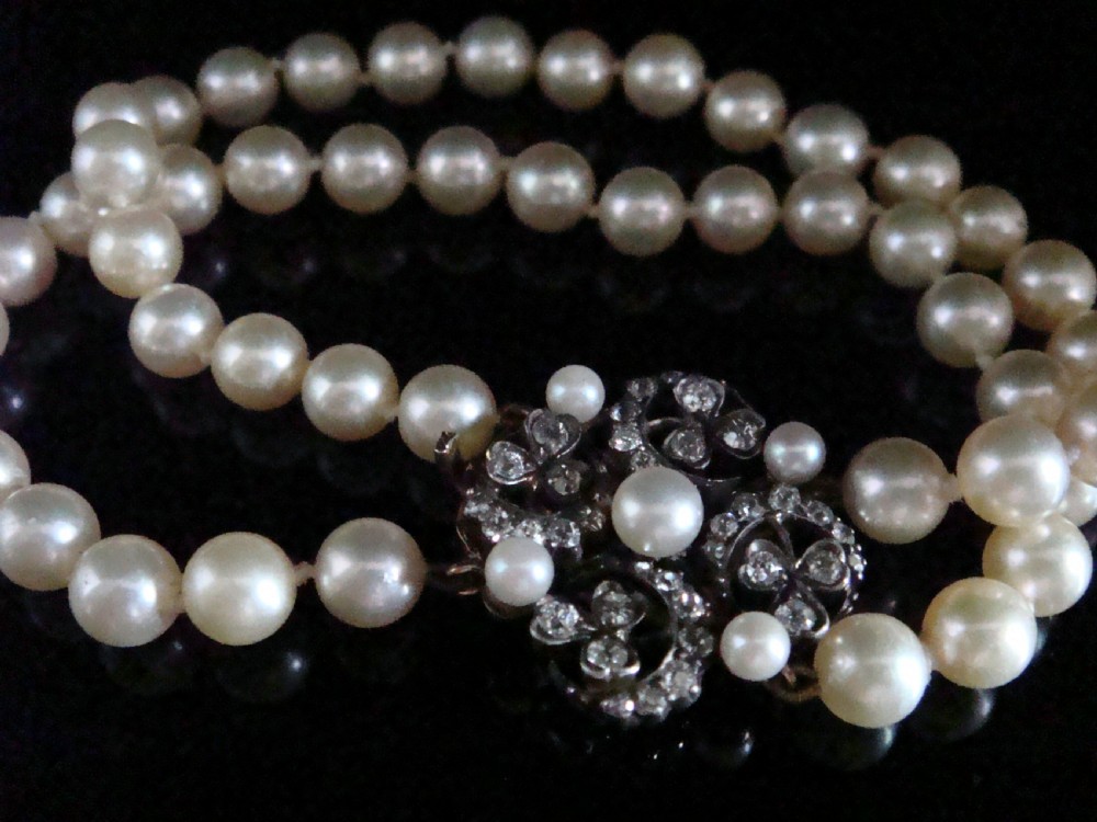 Victorian 18ct crescent and clover old cut diamond clasp 0.85ct  cultured pearl bracelet