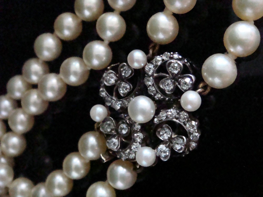 Victorian 18ct crescent and clover old cut diamond clasp 0.85ct  cultured pearl bracelet View II