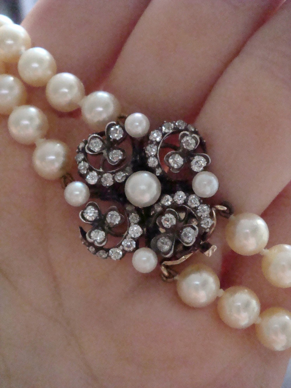 Victorian 18ct crescent and clover old cut diamond clasp 0.85ct  cultured pearl bracelet View V
