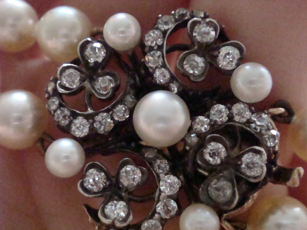 Victorian 18ct crescent and clover old cut diamond clasp 0.85ct  cultured pearl bracelet View VI