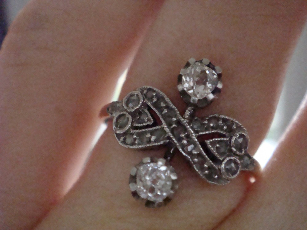 Edwardian 18ct yellow gold platinum old cut toi et moi rose cut diamond ring View V