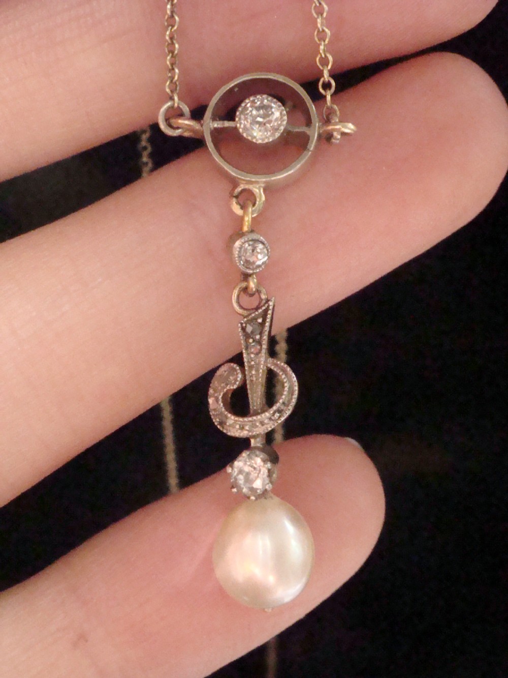 Edwardian 9ct yellow gold platinum cultured pearl diamond necklace View III