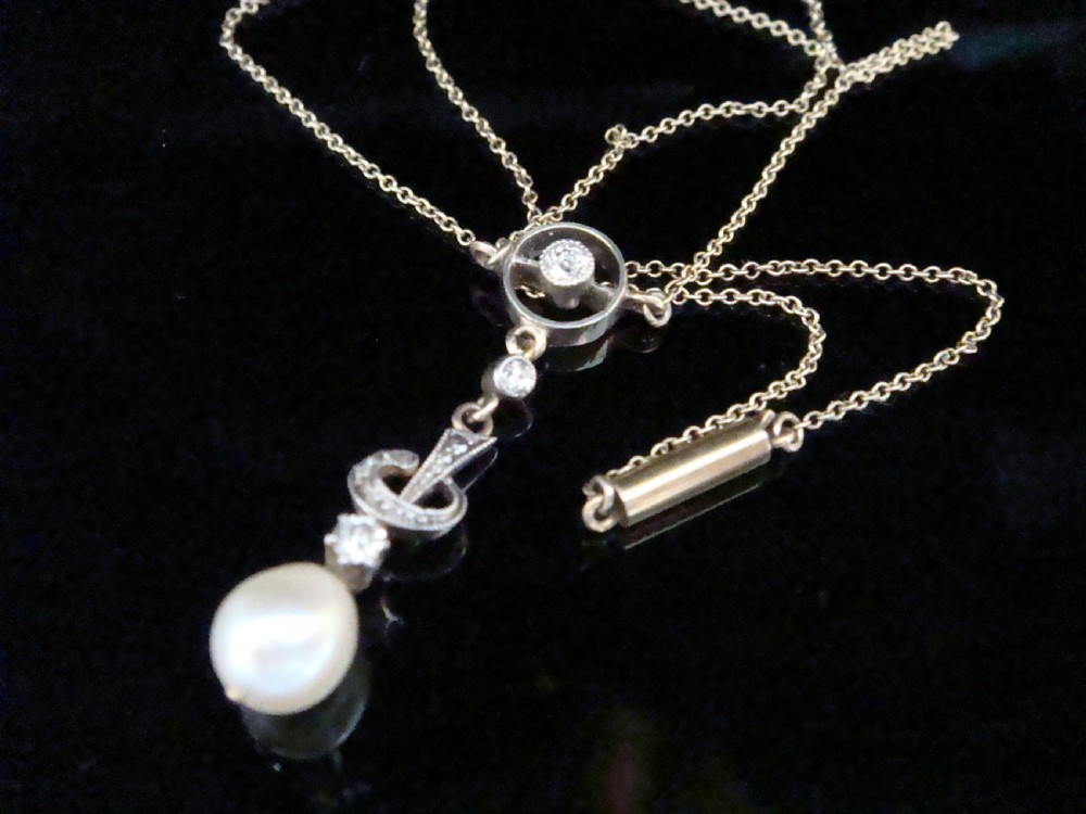 Edwardian 9ct yellow gold platinum cultured pearl diamond necklace View II