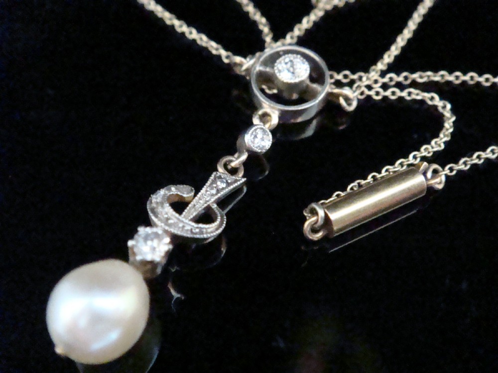 Edwardian 9ct yellow gold platinum cultured pearl diamond necklace