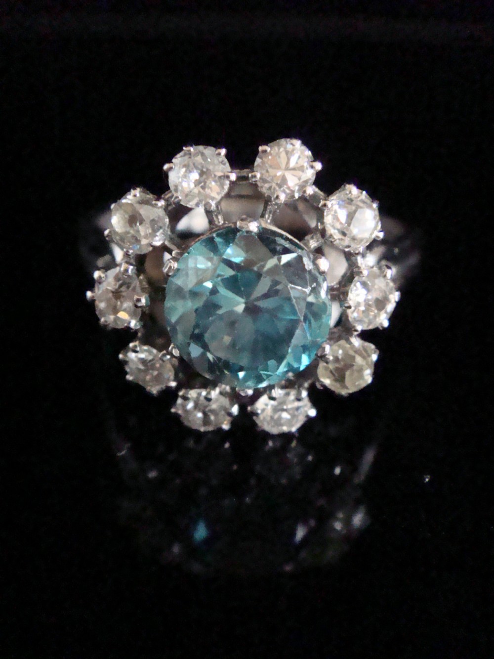 Edwardian French Platinum large natural blue zircon 2ct and diamond 1.20ct cluster ring