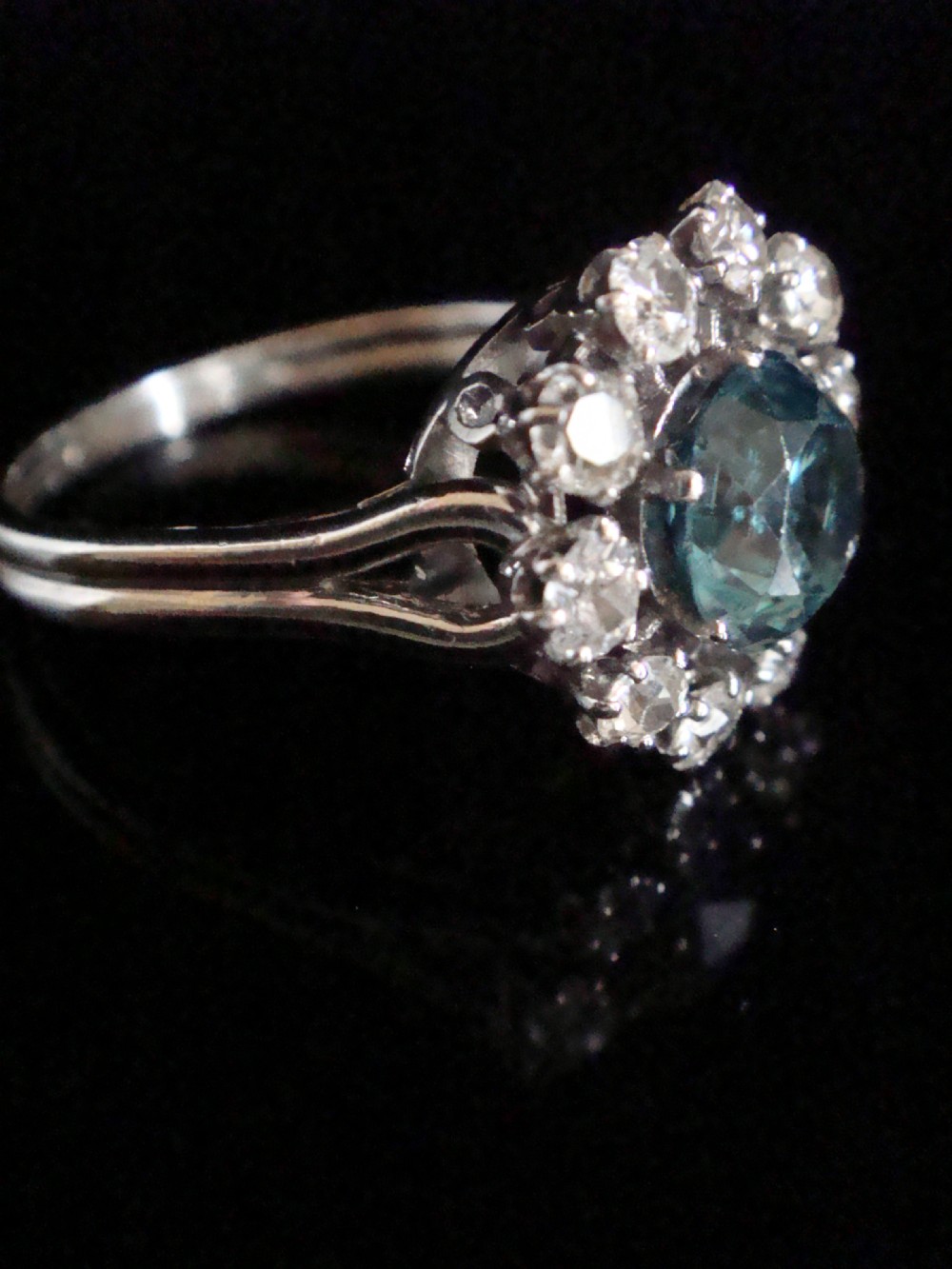 Edwardian French Platinum large natural blue zircon 2ct and diamond 1.20ct cluster ring View II