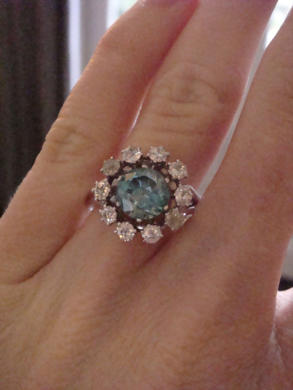 Edwardian French Platinum large natural blue zircon 2ct and diamond 1.20ct cluster ring View IV