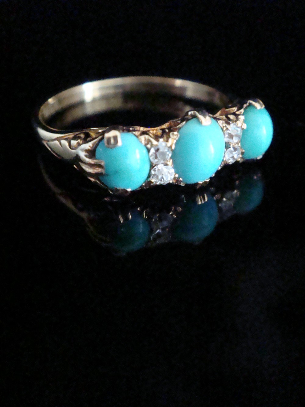 Edwardian 18ct yellow hold natural turquoise and diamond 3 stone ring View II