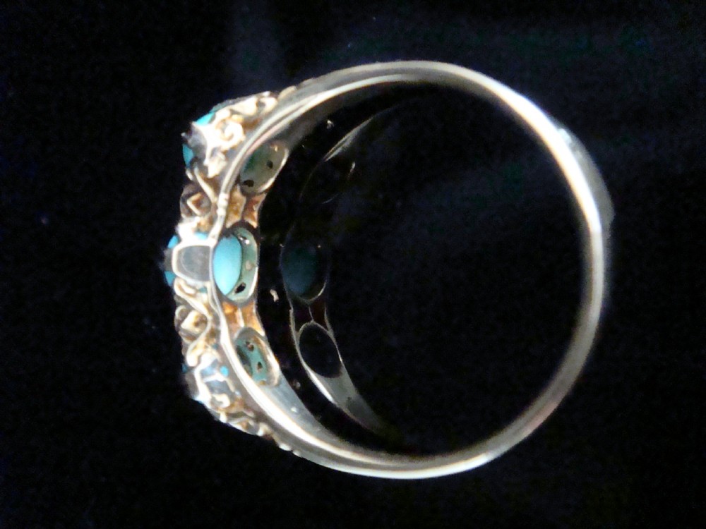 Edwardian 18ct yellow hold natural turquoise and diamond 3 stone ring View III