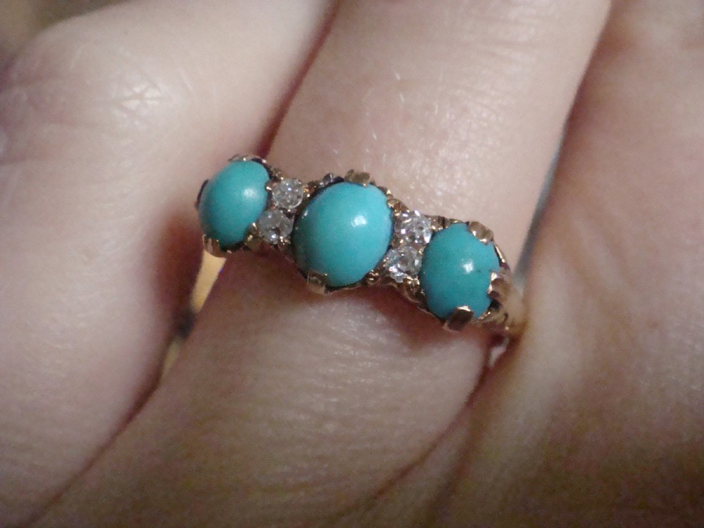 Edwardian 18ct yellow hold natural turquoise and diamond 3 stone ring View IV