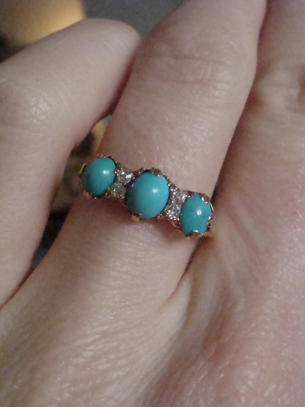 Edwardian 18ct yellow hold natural turquoise and diamond 3 stone ring View V