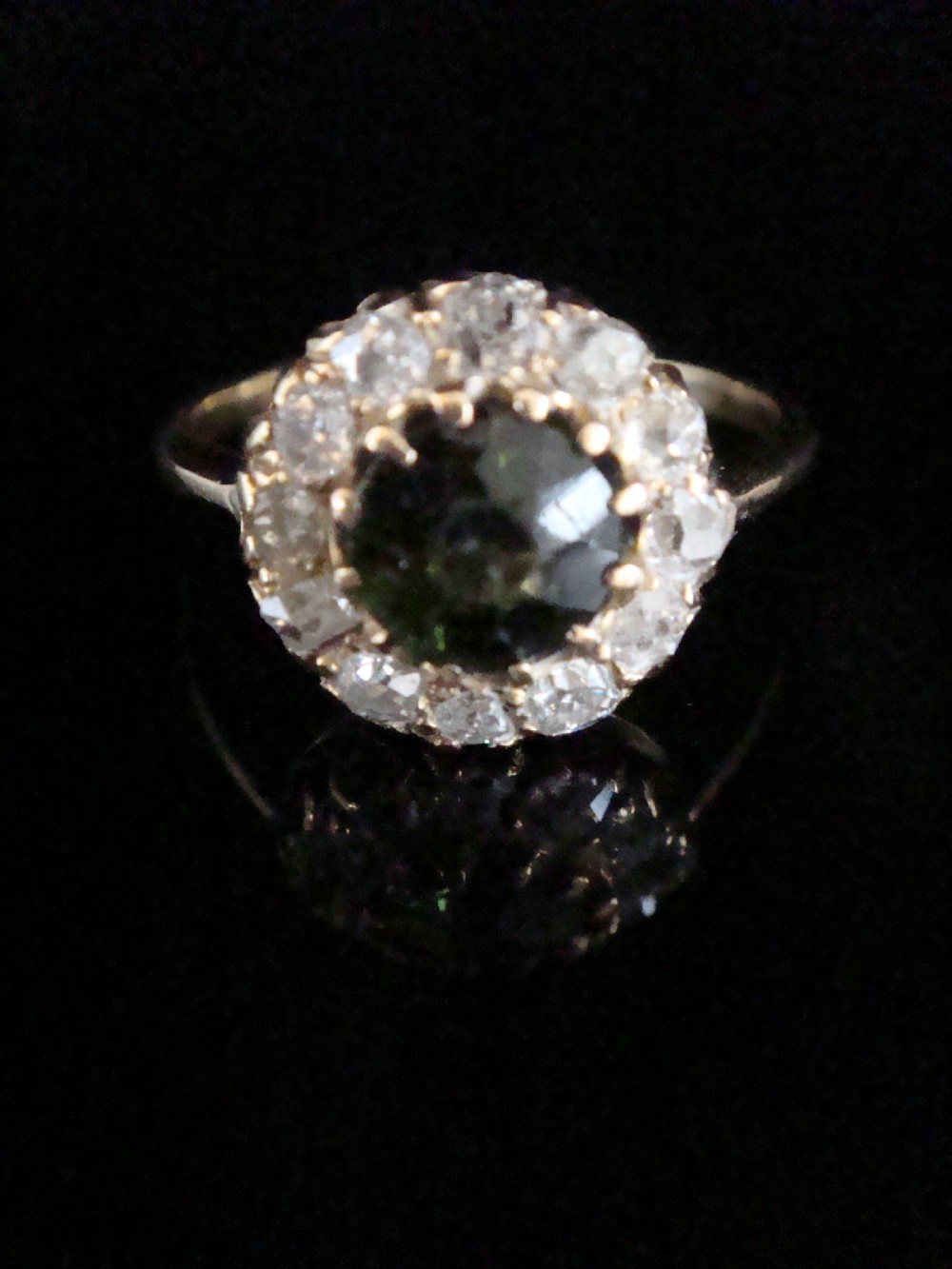 EDWARDIAN 18CT YELLOW GOLD NATURAL TOURMALINE OLD CUT DIAMOND CLUSTER HALO RING View II