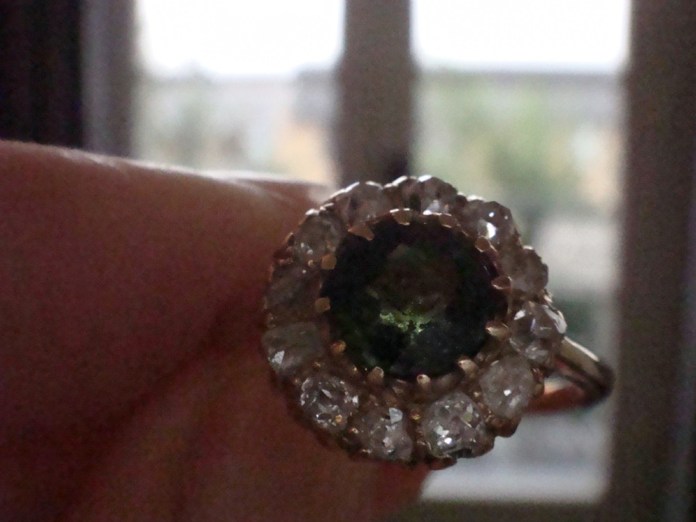 EDWARDIAN 18CT YELLOW GOLD NATURAL TOURMALINE OLD CUT DIAMOND CLUSTER HALO RING View III