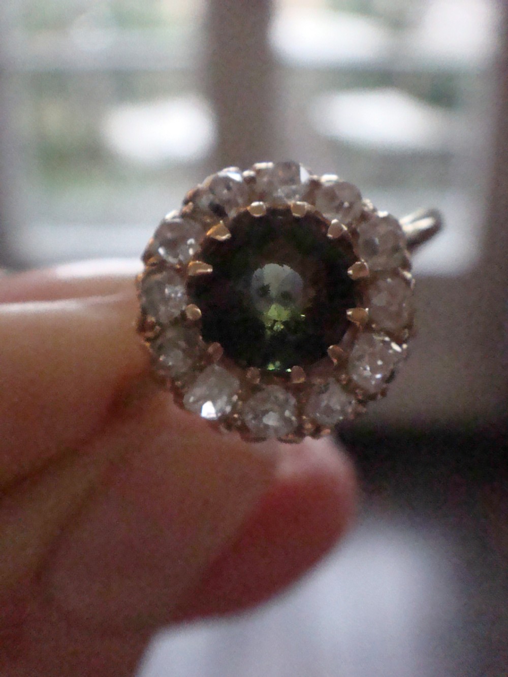 EDWARDIAN 18CT YELLOW GOLD NATURAL TOURMALINE OLD CUT DIAMOND CLUSTER HALO RING View IV