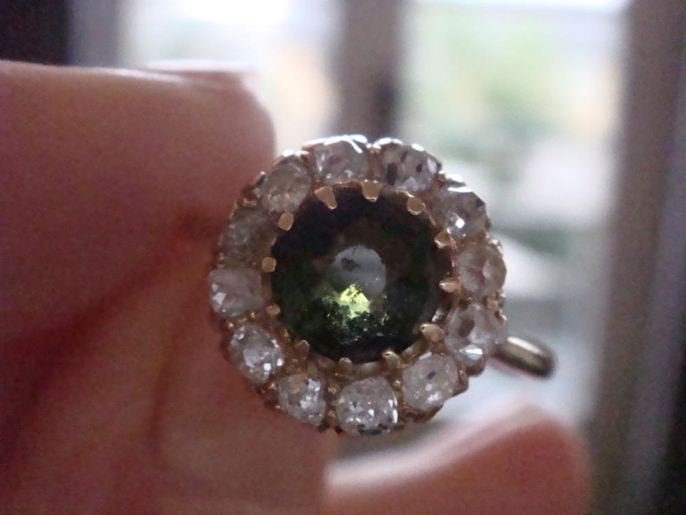 EDWARDIAN 18CT YELLOW GOLD NATURAL TOURMALINE OLD CUT DIAMOND CLUSTER HALO RING View V