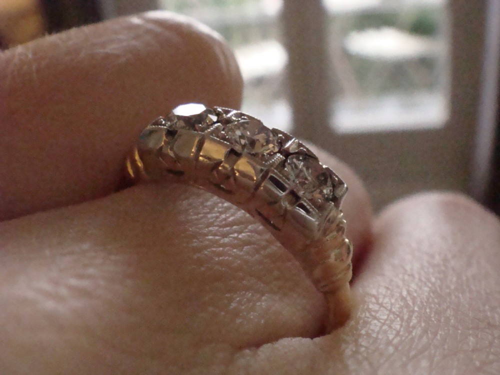Art deco 18ct yellow gold Platinum old cut diamond 0.30ct trilogy three stone ring View IV