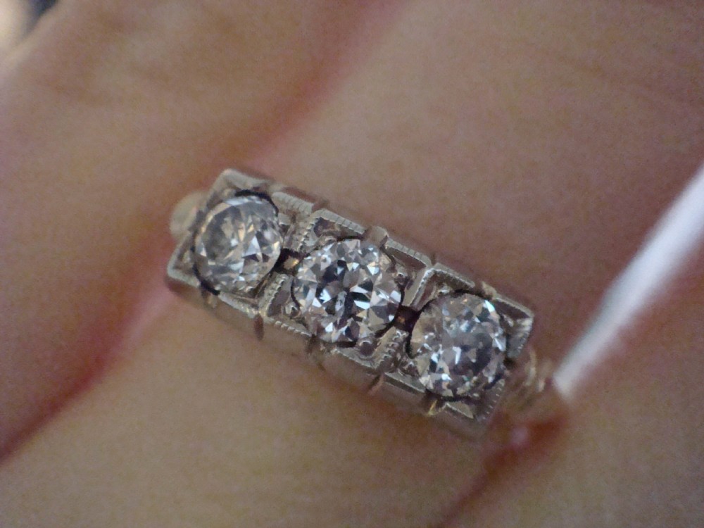 Art deco 18ct yellow gold Platinum old cut diamond 0.30ct trilogy three stone ring View V
