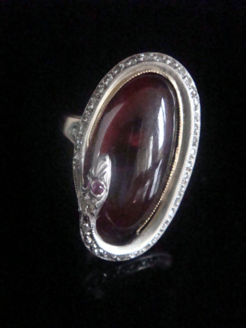 Rare Edwardian French 18ct rose gold platinum cabochon garnet rose cut diamonds snake ring