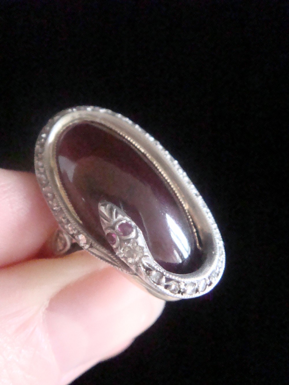 Rare Edwardian French 18ct rose gold platinum cabochon garnet rose cut diamonds snake ring View III