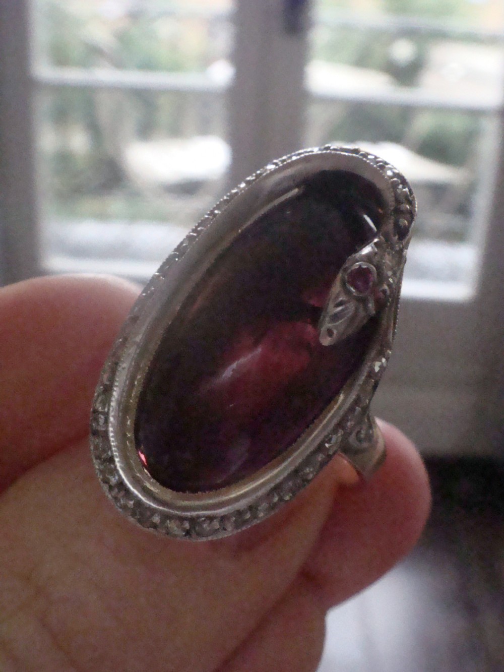Rare Edwardian French 18ct rose gold platinum cabochon garnet rose cut diamonds snake ring View IV