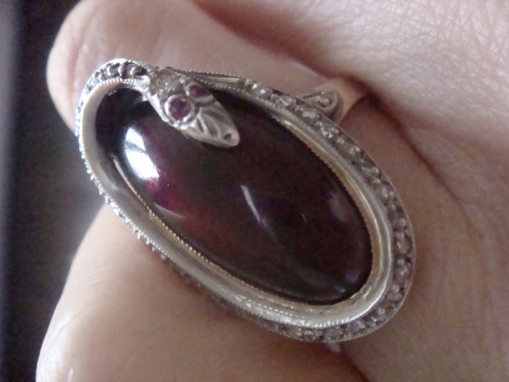 Rare Edwardian French 18ct rose gold platinum cabochon garnet rose cut diamonds snake ring View V