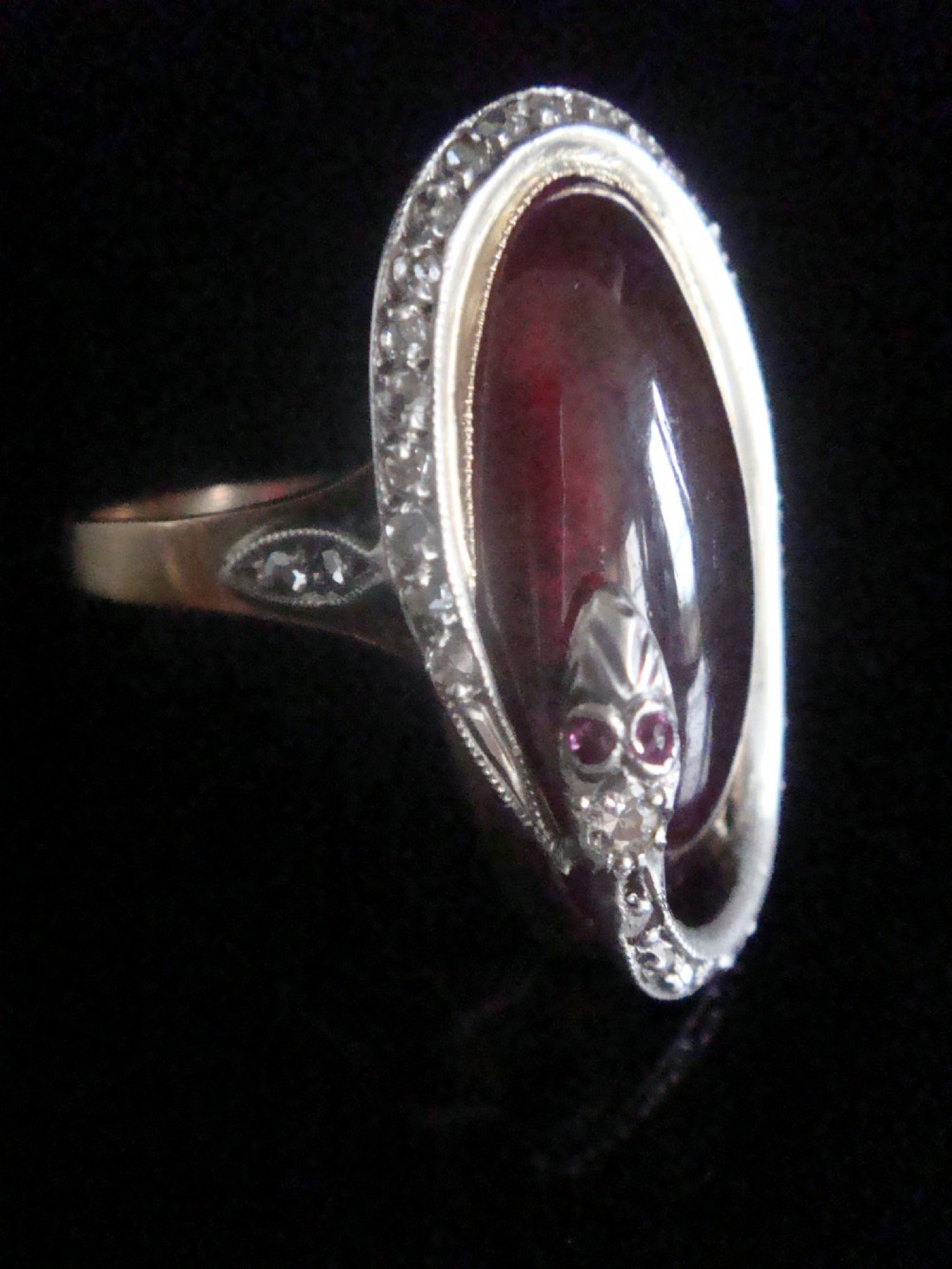 Rare Edwardian French 18ct rose gold platinum cabochon garnet rose cut diamonds snake ring View VII