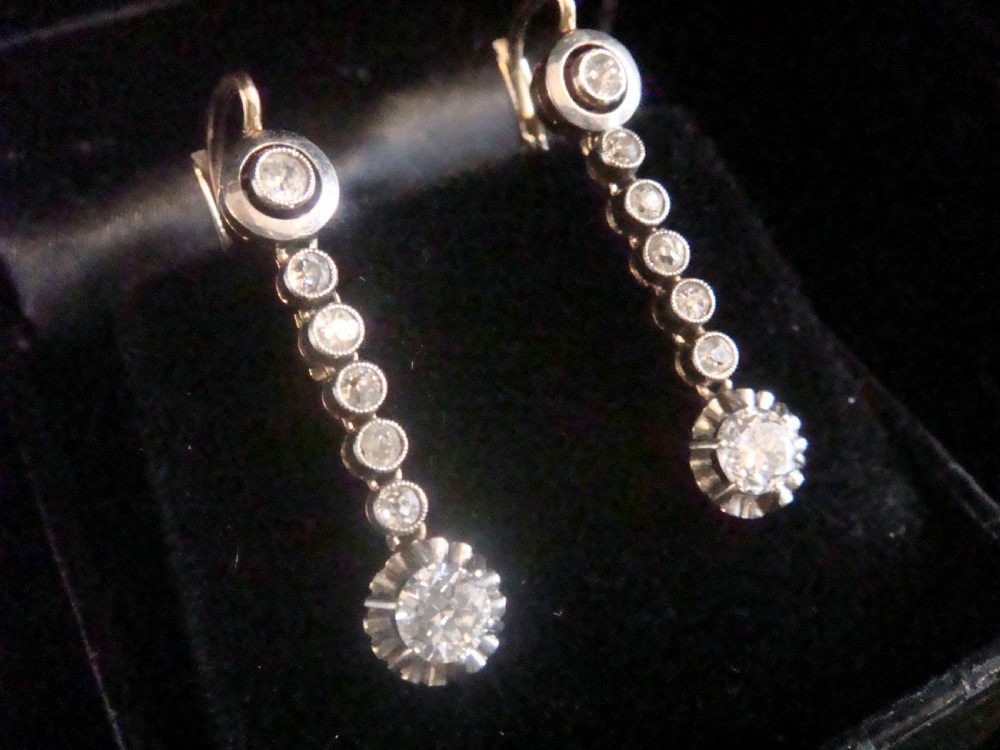 EDWARDIAN 18CT FRENCH ORIGINAL OLD CUT 1.20ct DIAMOND DROP EARRINGS