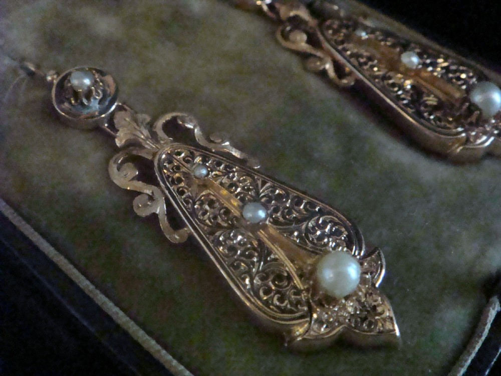 FRENCH EDWARDIAN 18CT ROSE GOLD CULTURED PEARL ORNATE LARGE DROP EARRING