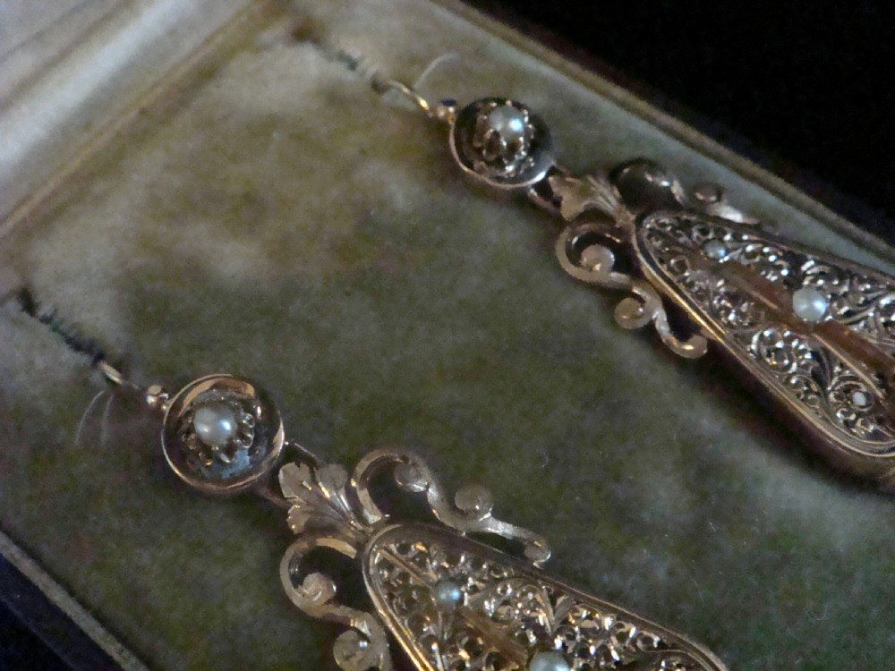 FRENCH EDWARDIAN 18CT ROSE GOLD CULTURED PEARL ORNATE LARGE DROP EARRING View II